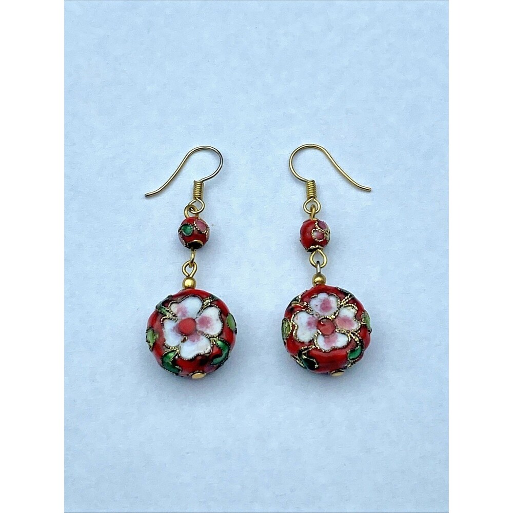 Vintage Red Cloisonne Floral Bead Dangle Earrings Gold Tone Chinese Style